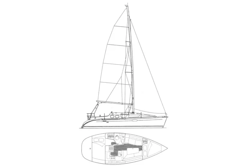 Slide: The Image of Line drawing of a 2001 Hunter 320 sailboat with interior layout. - 2