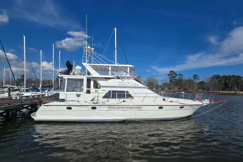 The Image of 1996 President 58 yacht docked at marina under clear blue sky. - 1