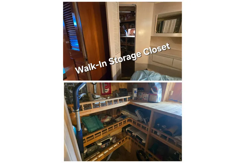 Slide: The Image of Walk-in storage closet on 1996 President 58 yacht, featuring organized shelves and storage space. - 50