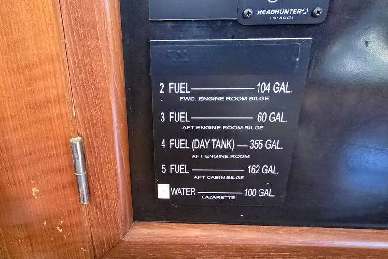 Slide: The Image of Fuel and water capacity panel on a 1996 President 58 yacht. - 54