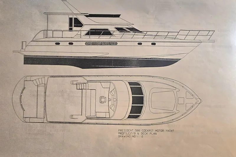 Slide: The Image of Blueprint of 1996 President 58 cockpit motor yacht, side and top views. - 70