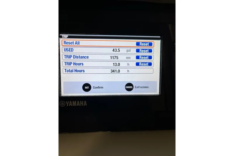 Slide: The Image of Yamaha display showing trip data for 2017 Harrison Boatworks 28 Center Console. - 26