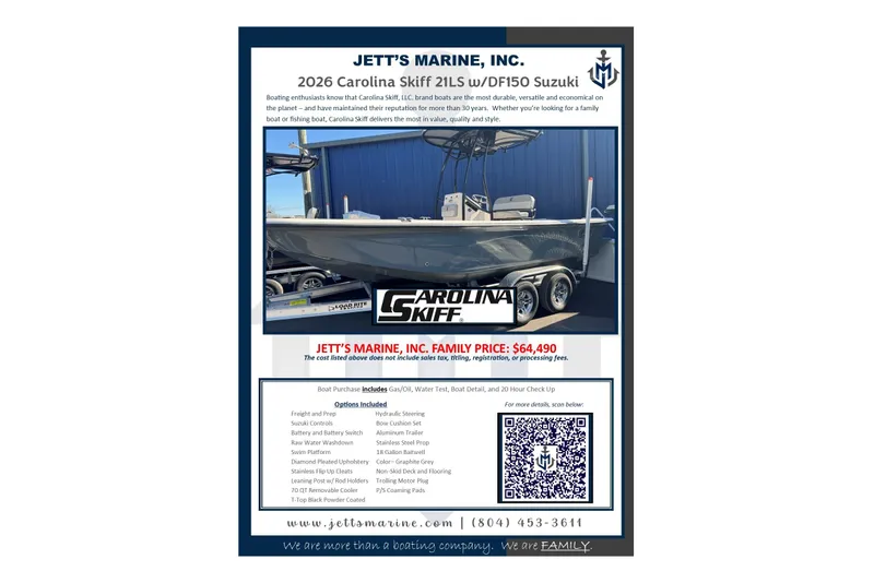 Slide: The Image of 2026 Carolina Skiff 21 LS boat advertisement with pricing and features from Jett's Marine, Inc. - 11