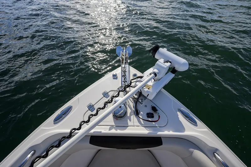 Slide: The Image of Bow view of 2022 Sailfish 242 CC boat on water, featuring trolling motor. - 9