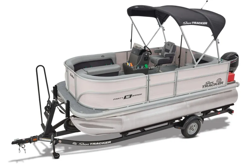 Slide: The Image of 2026 Sun Tracker Party Barge 16 DLX interior seating with cup holders. - 13