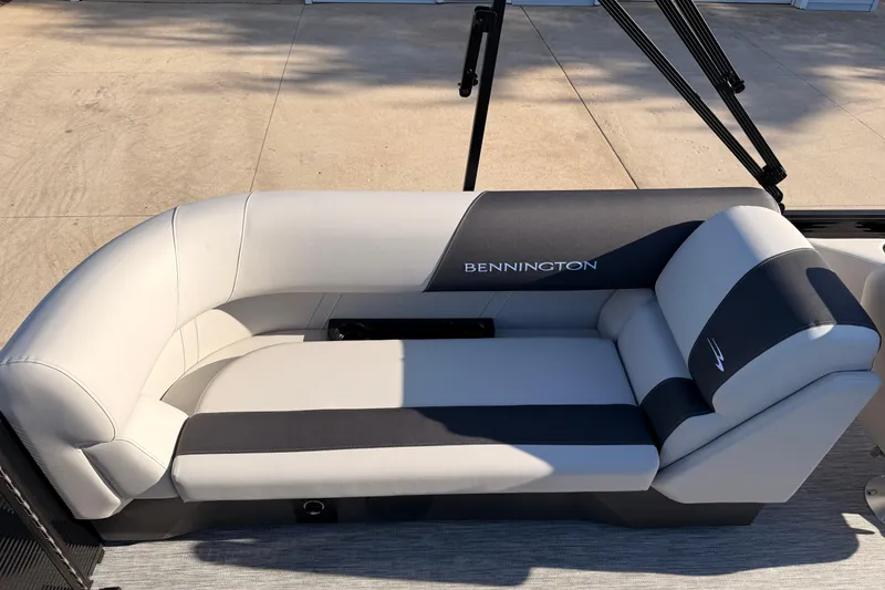 Slide: The Image of 2026 Bennington 22 S-One Quad Bench with sleek gray and black seating design. - 28