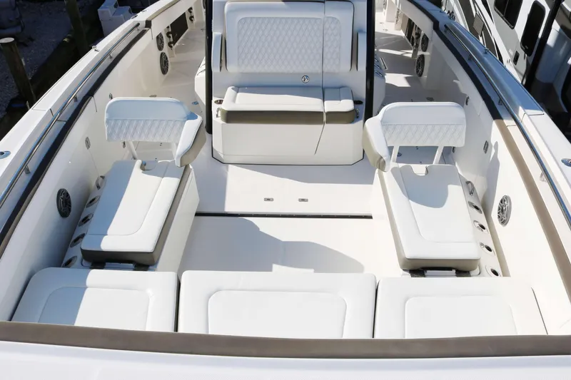 Slide: The Image of 2023 World Cat 400 CC-X boat interior with luxurious seating and modern design. - 4