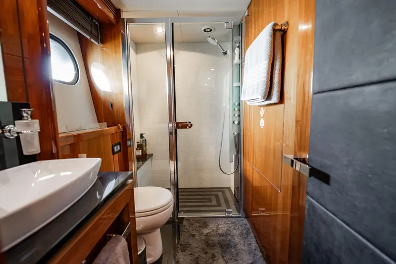 Slide: The Image of Luxurious bathroom on a 2010 Sunseeker 34 Metre Yacht with modern amenities. - 43