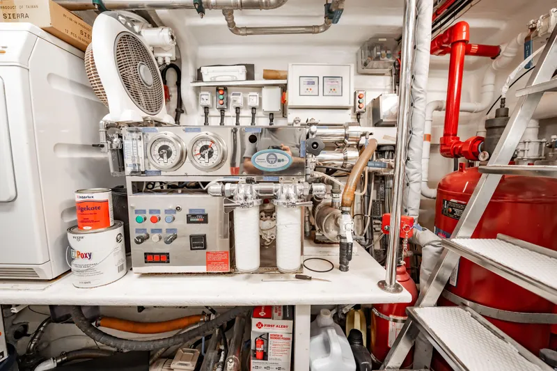 Slide: The Image of Engine room of a 2010 Sunseeker 34 Metre Yacht with machinery and equipment. - 85