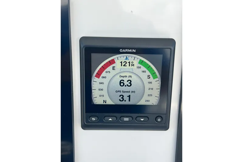 Slide: The Image of Garmin display on 2013 Contender 32 ST showing depth and GPS speed. - 54