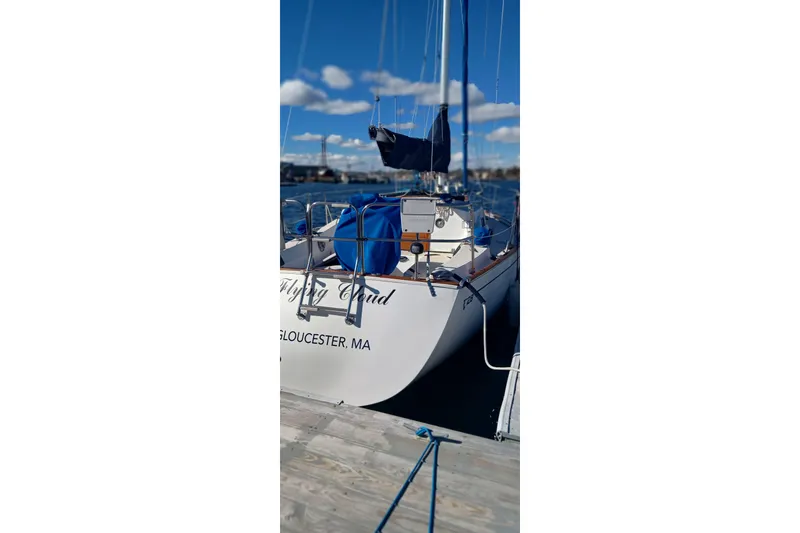 Slide: The Image of Sailboat docked at marina, Tartan 28 model, 1988, Gloucester, MA. - 41