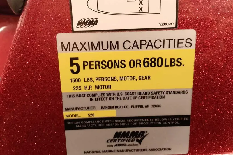 Slide: The Image of 2005 Ranger Z20 Comanche capacity label: 5 persons or 680 lbs, 225 HP motor. - 25