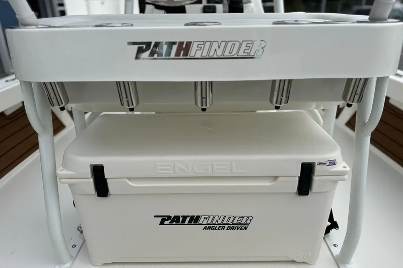 Slide: The Image of 2026 Pathfinder 2200 TRS boat with Engel cooler and rod holders. - 13