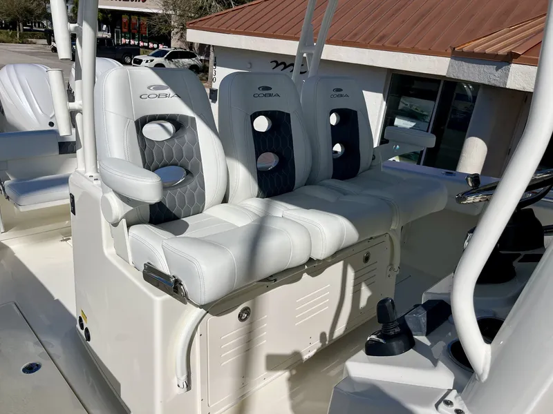 Slide: The Image of Interior of 2026 Cobia 350 Center Console with luxurious seating. - 36