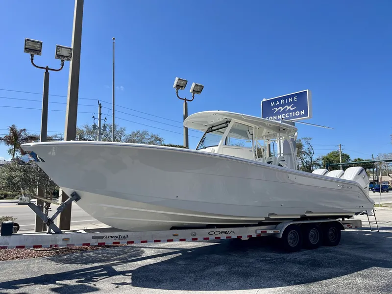 The Image of 2026 Cobia 350 Center Console on trailer at Marine Connection. - 1