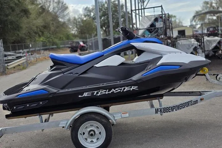 Slide: The Image of 2025 Yamaha WaveRunner JetBlaster on trailer, featuring sleek design and vibrant blue accents. - 8