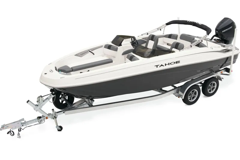 Slide: The Image of Manufacturer Provided Image: 2025 Tahoe T21 boat on trailer, sleek design, white and gray color scheme. - 1