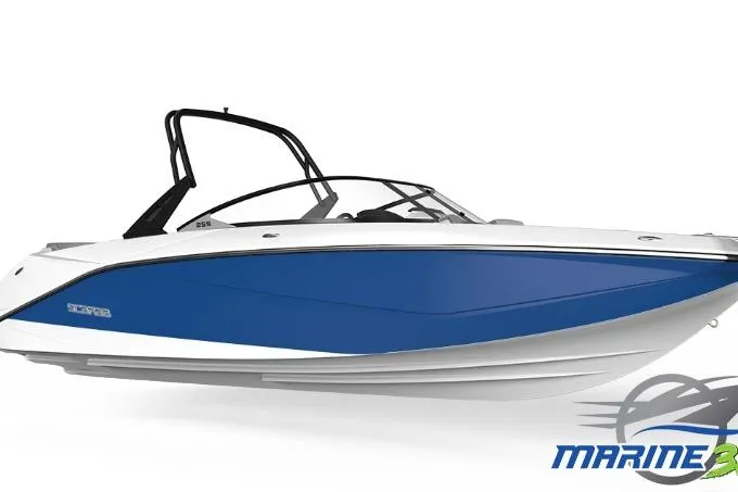 The Image of 2026 Scarab 255 SE boat, sleek design, blue and white color scheme, side view. - 0