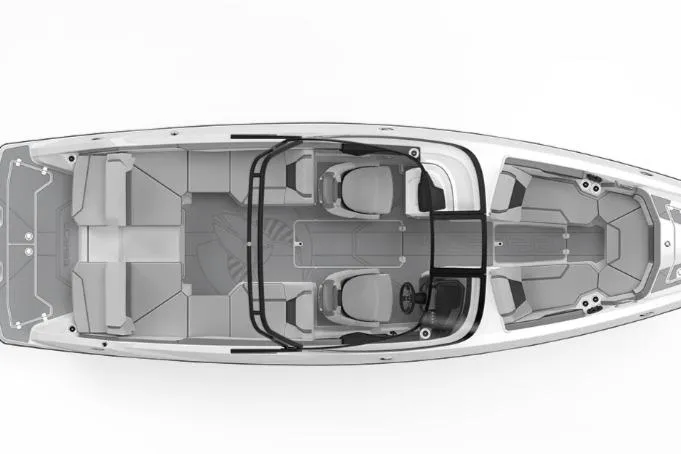 Slide: The Image of Top view of 2026 Scarab 255 SE boat interior layout, featuring seating and helm. - 2