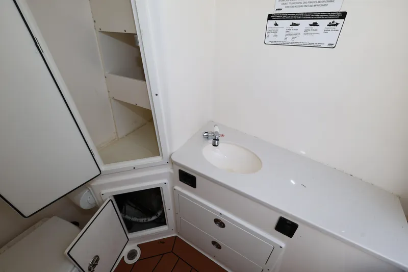 Slide: The Image of 2019 Cobia 320 Center Console boat interior with sink and storage compartments. - 21