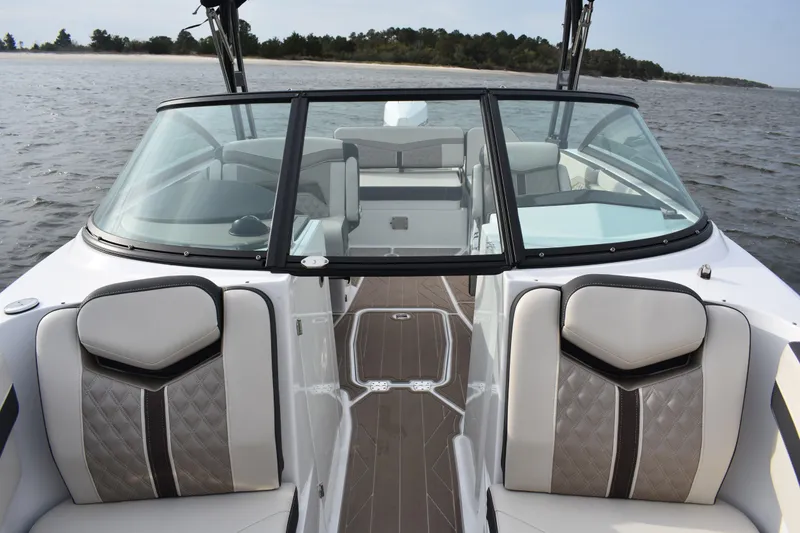 Slide: The Image of 2024 Monterey 255SS Super Sport boat interior with luxurious seating and sleek design. - 10