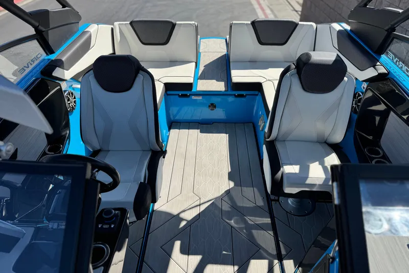 Slide: The Image of 2023 Yamaha Boats 222XD interior with modern seating and sleek design. - 21