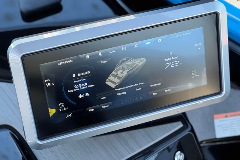 Slide: The Image of Touchscreen display on 2023 Yamaha Boats 222XD showing controls and water temperature. - 34
