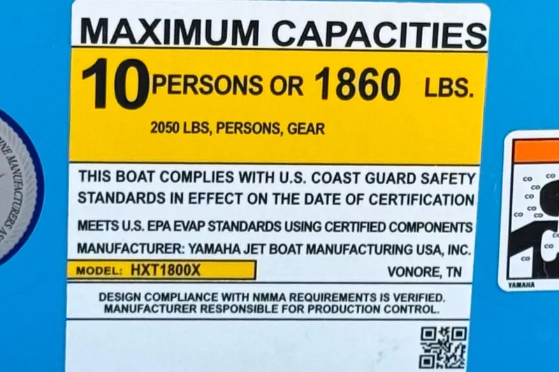 Slide: The Image of Yamaha Boats 2023 222XD capacity label, 10 persons or 1860 lbs, safety compliance. - 40