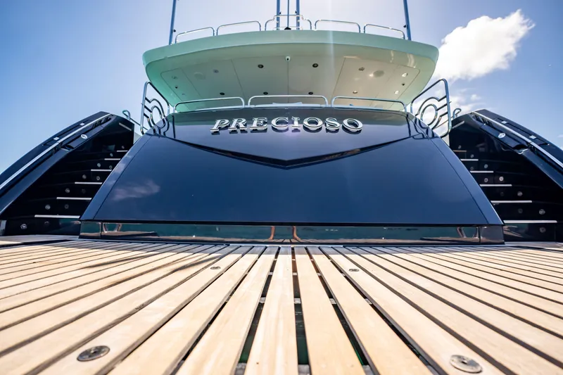 Slide: The Image of Sunseeker 34 Metre Yacht 2011, rear view with wooden deck and stairs. - 26