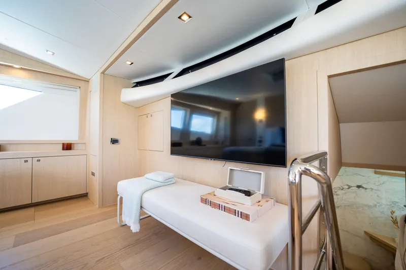 Slide: The Image of Luxurious interior of 2011 Sunseeker 34 Metre Yacht with modern decor and large TV. - 50