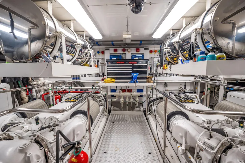 Slide: The Image of Engine room of a 2011 Sunseeker 34 Metre Yacht, featuring machinery and equipment. - 79