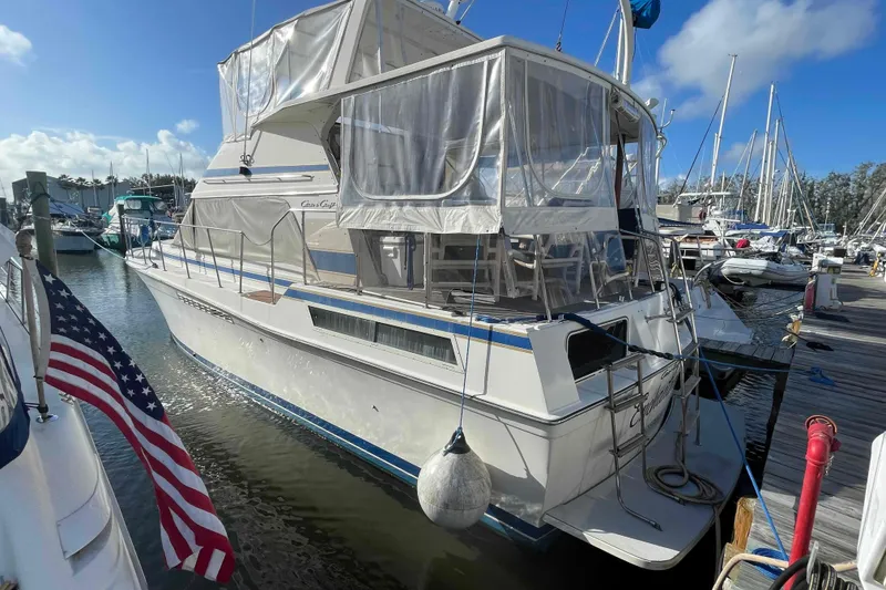 The Image of 1987 Chris-Craft 426 Catalina yacht docked at marina under clear blue sky. - 0