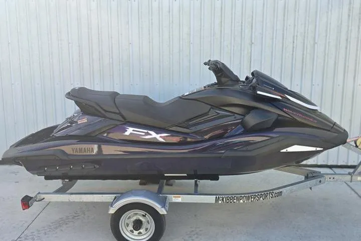 Slide: The Image of 2026 Yamaha WaveRunner FX SVHO on trailer, sleek black design, parked outdoors. - 6