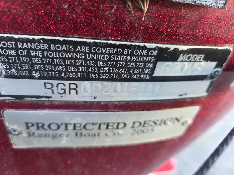 Slide: The Image of Close-up of a Ranger 620 VS boat label, year 2011. - 45