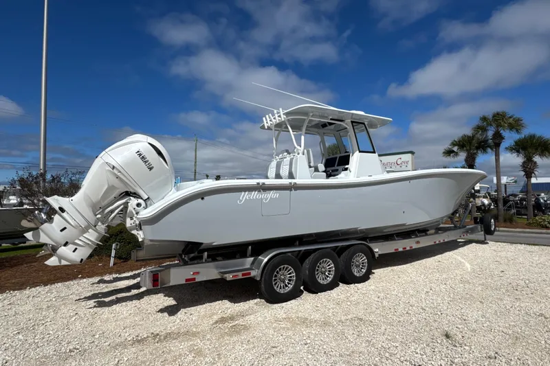 Slide: The Image of 2026 Yellowfin 36 Offshore boat on trailer, featuring Yamaha outboard engines. - 3