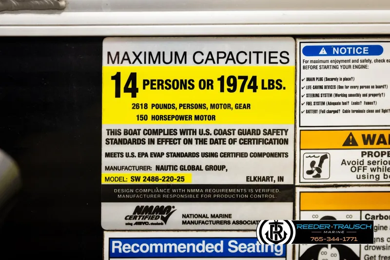 Slide: The Image of Boat capacity label for Godfrey SW2486, 2011 model, 14 persons or 1974 lbs, 150 horsepower. - 48