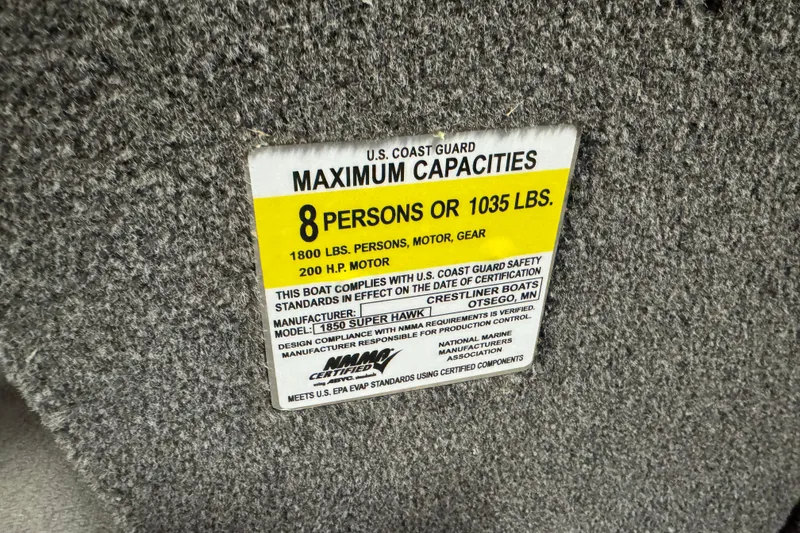 Slide: The Image of 2020 Crestliner 1850 Super Hawk capacity label, 8 persons or 1035 lbs, U.S. Coast Guard compliant. - 20