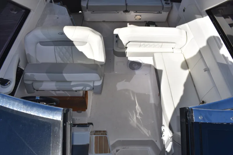 Slide: The Image of 2020 Regal 35 Sport Coupe interior with white seating and modern design. - 89