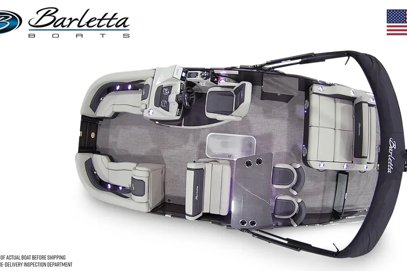 Slide: The Image of 2026 Barletta Cabrio 24UE pontoon boat, top view, showcasing spacious seating and modern design. - 6