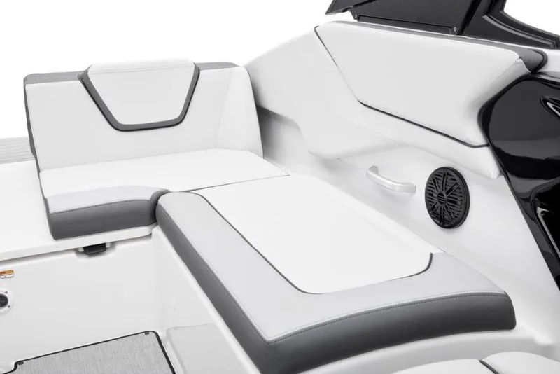 Slide: The Image of 2026 Yamaha Boats AR250 interior seating with sleek white and gray design. - 9