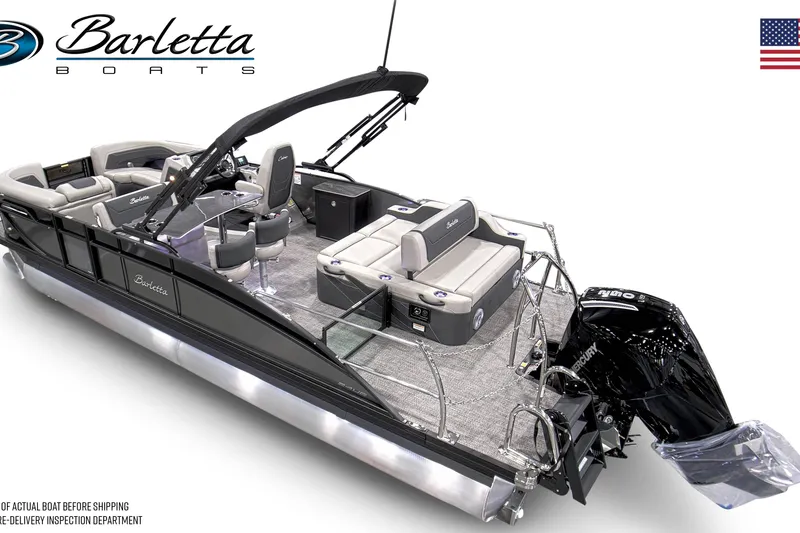Slide: The Image of 2026 Barletta Cabrio 24UE pontoon boat with luxurious seating and powerful outboard motor. - 2