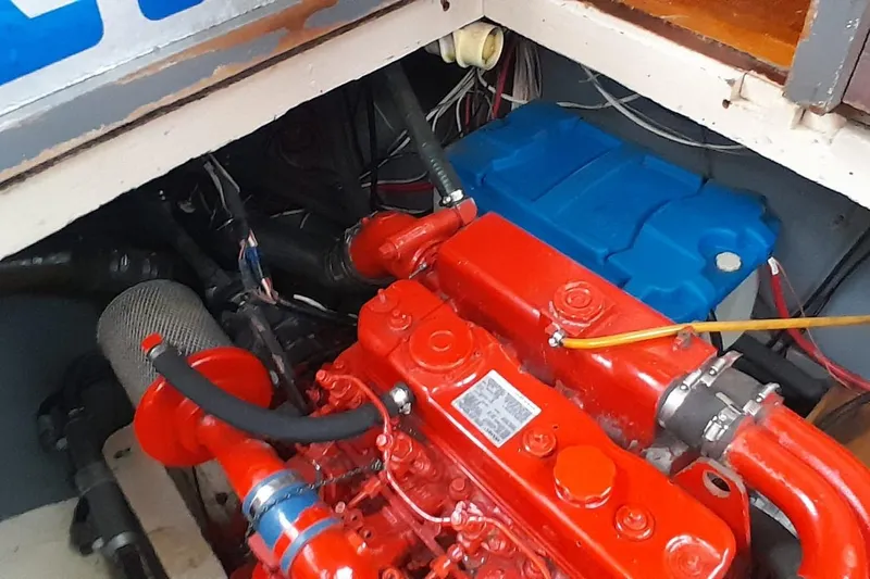 Slide: The Image of 1974 Force Hudson 50 engine, vibrant red and blue components, detailed view. - 13