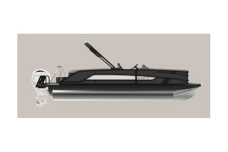 Slide: The Image of 2026 Evotti 521QL pontoon boat, sleek black design, side view. - 10