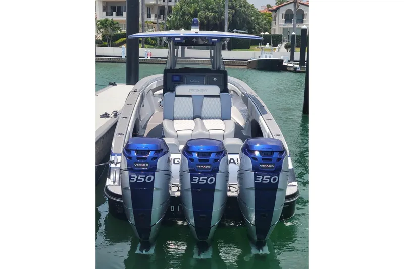 The Image of 2019 Statement 380 Open boat in storage, featuring Mercury engines. - 0