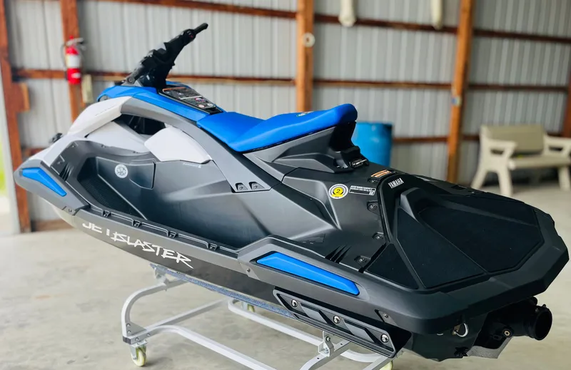 Slide: The Image of 2026 Yamaha WaveRunner JetBlaster in a garage. - 2