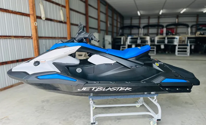 Slide: The Image of 2026 Yamaha WaveRunner JetBlaster in a storage facility. - 8