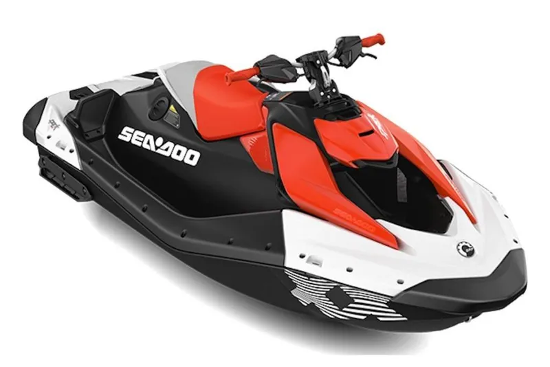 Slide: The Image of 2026 Sea-Doo Spark Trixx for 1, red and black jet ski, side view. - 1
