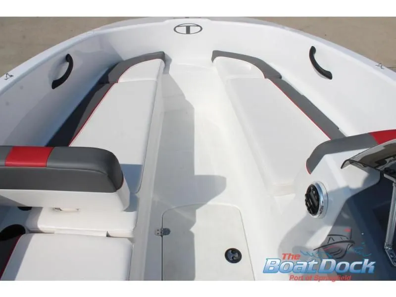 Slide: The Image of Interior of 2023 Tahoe T16 boat with gray and red seating. - 17