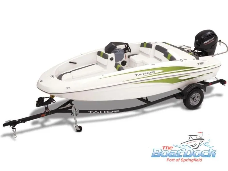 Slide: The Image of 2023 Tahoe T16 boat with trailer, white and green, side view. - 22