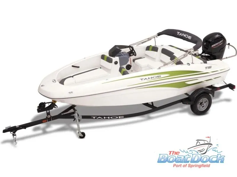 Slide: The Image of 2023 Tahoe T16 boat on trailer, white with green accents. - 23